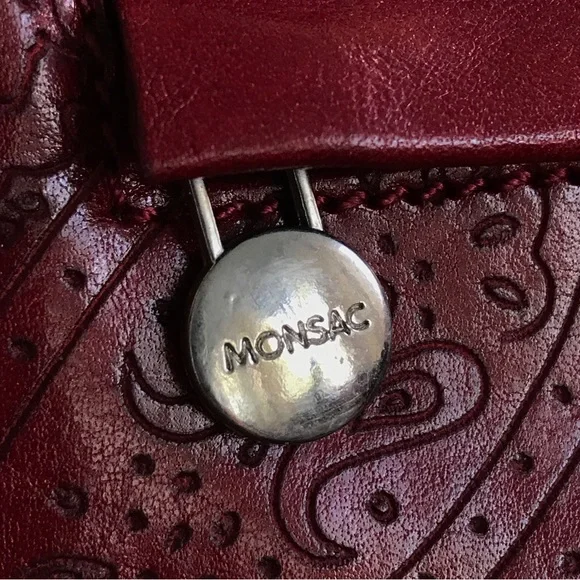 Monsac red leather paisley embossed shoulder bag purse - Picture 10 of 13